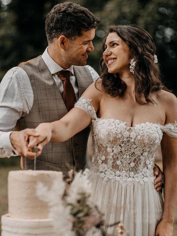 Off The Shoulder Beaded A-line Wedding Dresses Lace Appliqued Gowns WD589 - Image 2