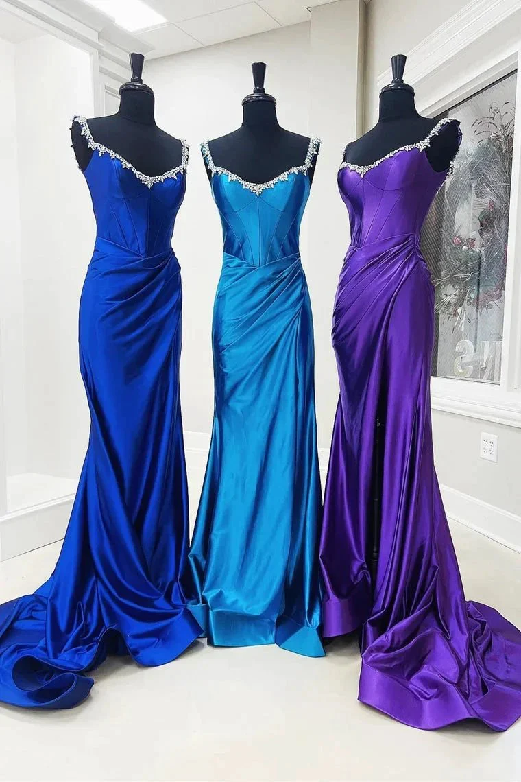 Bellamy | Mermaid V Neck Red Satin Slit Prom Dress with Beading - Image 13