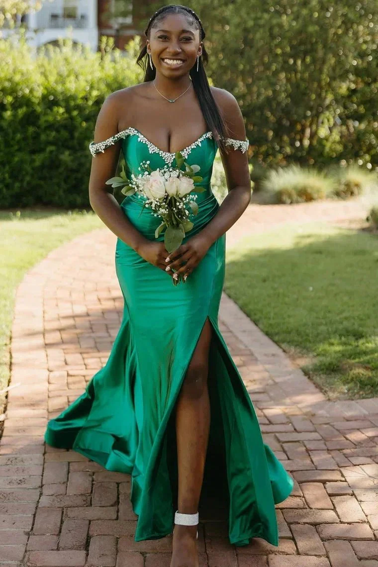 Bellamy | Mermaid V Neck Red Satin Slit Prom Dress with Beading - Image 18