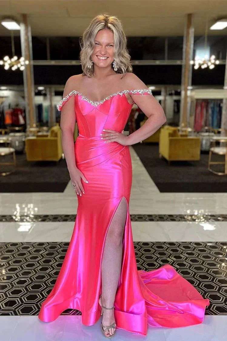 Bellamy | Mermaid V Neck Red Satin Slit Prom Dress with Beading - Image 2