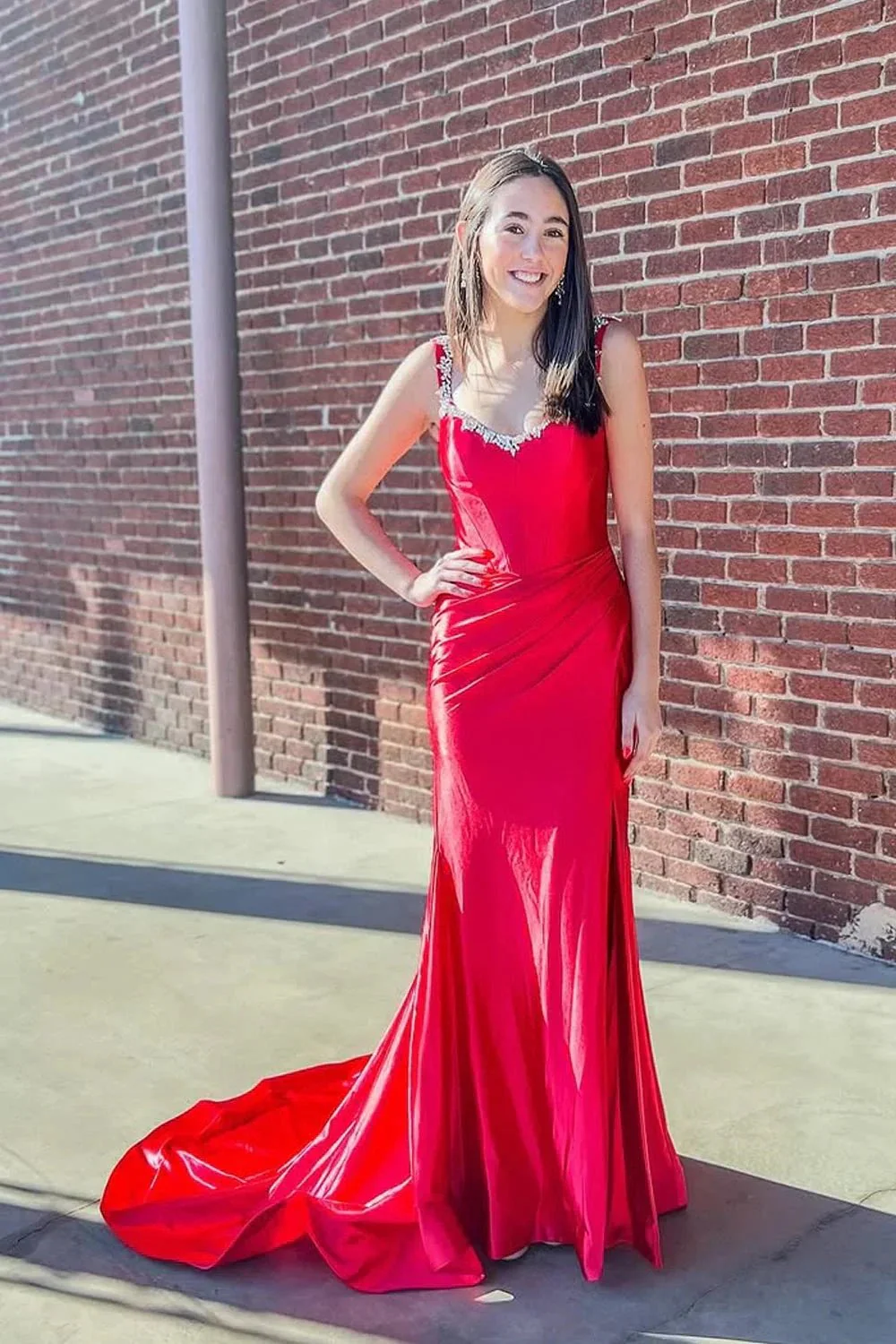 Bellamy | Mermaid V Neck Red Satin Slit Prom Dress with Beading - Image 3