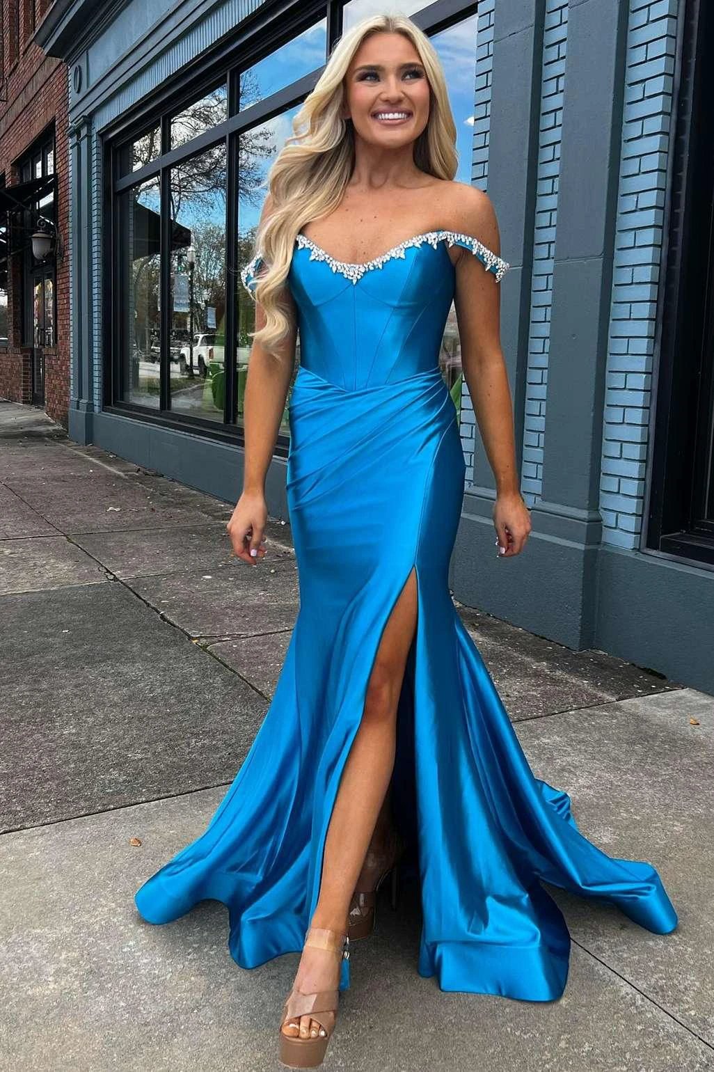 Bellamy | Mermaid V Neck Red Satin Slit Prom Dress with Beading - Image 6