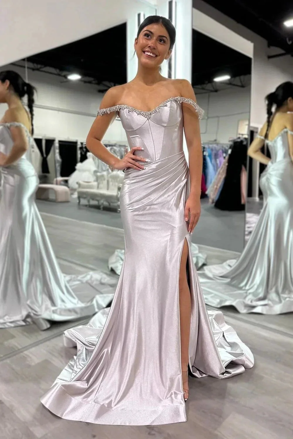 Bellamy | Mermaid V Neck Red Satin Slit Prom Dress with Beading - Image 7