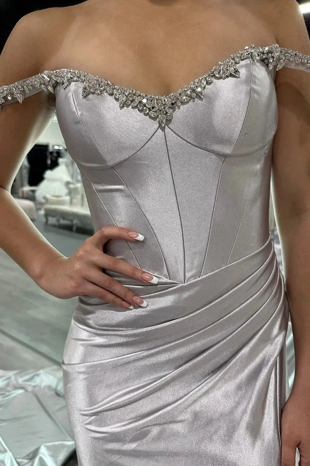 Bellamy | Mermaid V Neck Red Satin Slit Prom Dress with Beading - Image 8