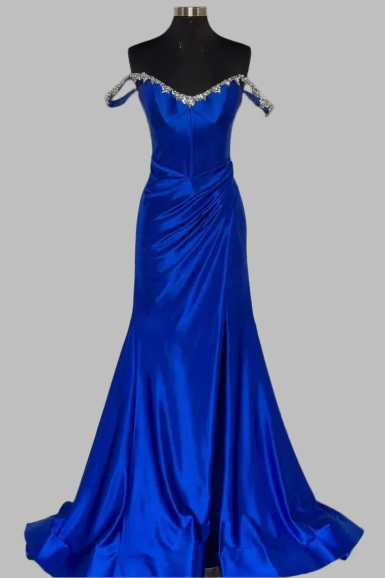 Bellamy | Mermaid V Neck Red Satin Slit Prom Dress with Beading - Image 9