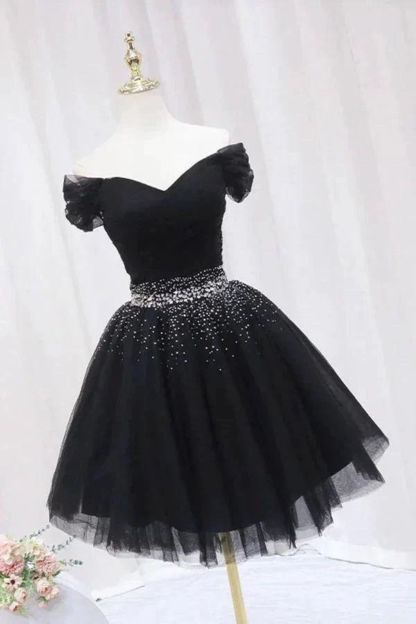 Off The Shoulder Black Homecoming Dress Tulle Short Prom Dress PD468 - Image 2