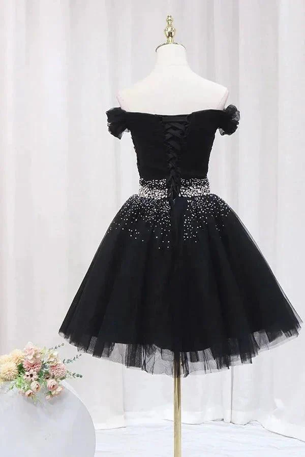 Off The Shoulder Black Homecoming Dress Tulle Short Prom Dress PD468 - Image 3