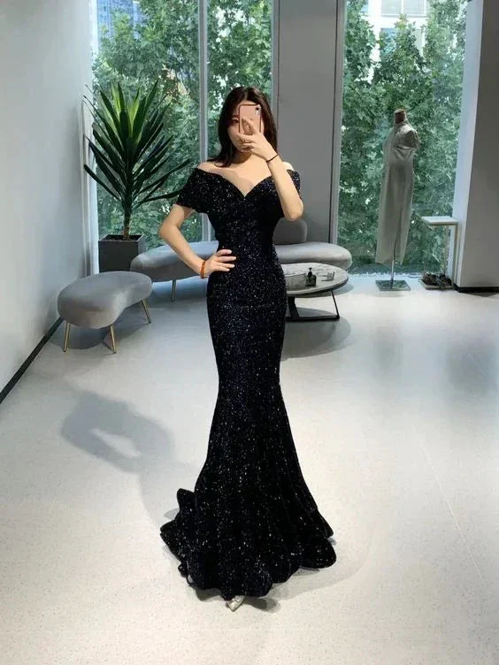 Off The Shoulder Black Mermaid Prom Dress,Black Evening Dress  Y4022 - Image 2
