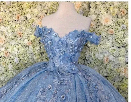 Off the shoulder blue ball gown , sparkly prom dress with flowers S26908 - Image 2