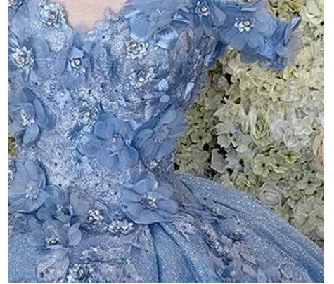 Off the shoulder blue ball gown , sparkly prom dress with flowers S26908 - Image 3