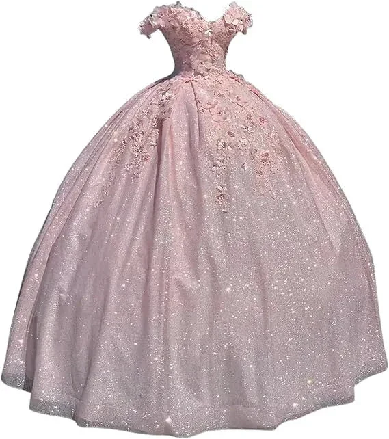 Off the shoulder blue ball gown , sparkly prom dress with flowers S26908 - Image 4