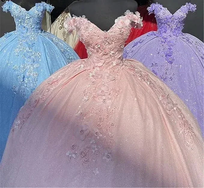 Off the shoulder blue ball gown , sparkly prom dress with flowers S26908 - Image 5