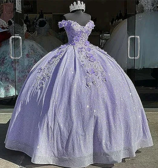 Off the shoulder blue ball gown , sparkly prom dress with flowers S26908 - Image 6