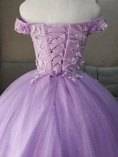 Off the shoulder blue ball gown , sparkly prom dress with flowers S26908 - Image 8