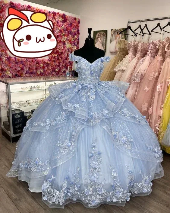 Off The Shoulder Blue Ball Gown With Flowers,Blue Princess Dress,Sweet 16 Dress Y2256 - Image 2