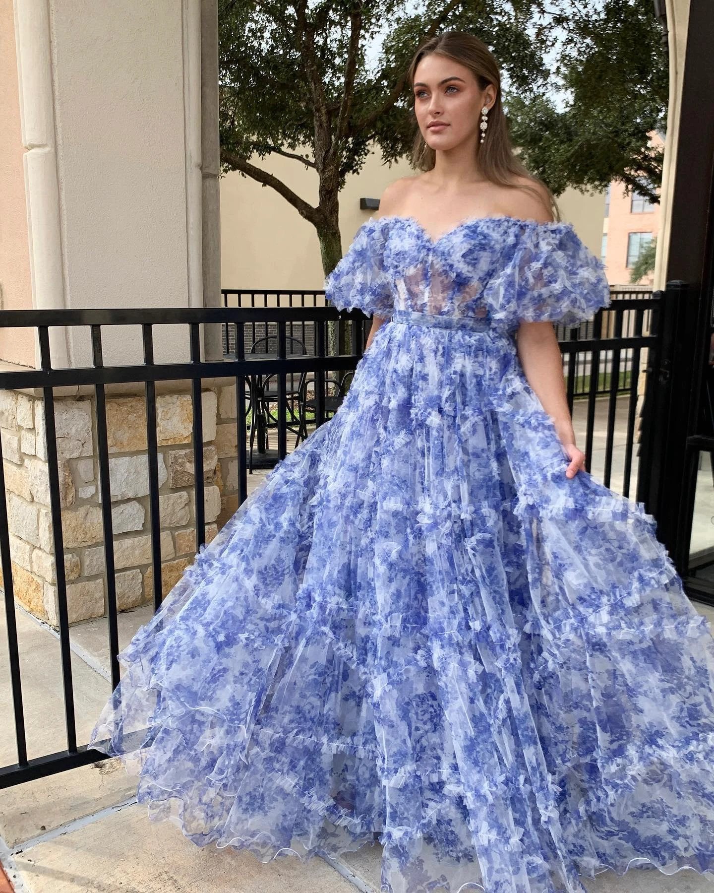 Sydney| Off the Shoulder Blue Floral Print Ruffled Tulle Prom Dress - Image 2