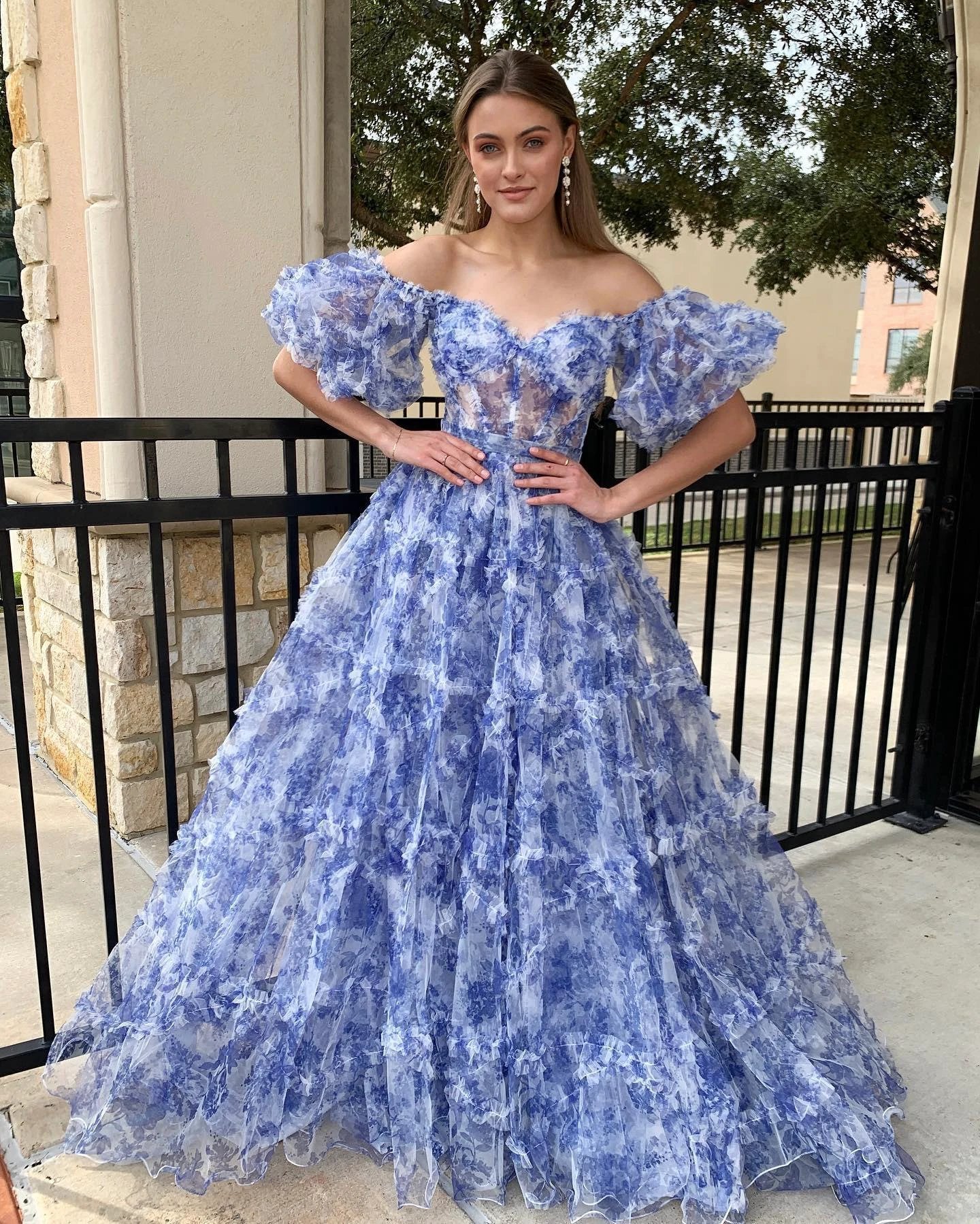 Sydney| Off the Shoulder Blue Floral Print Ruffled Tulle Prom Dress - Image 3