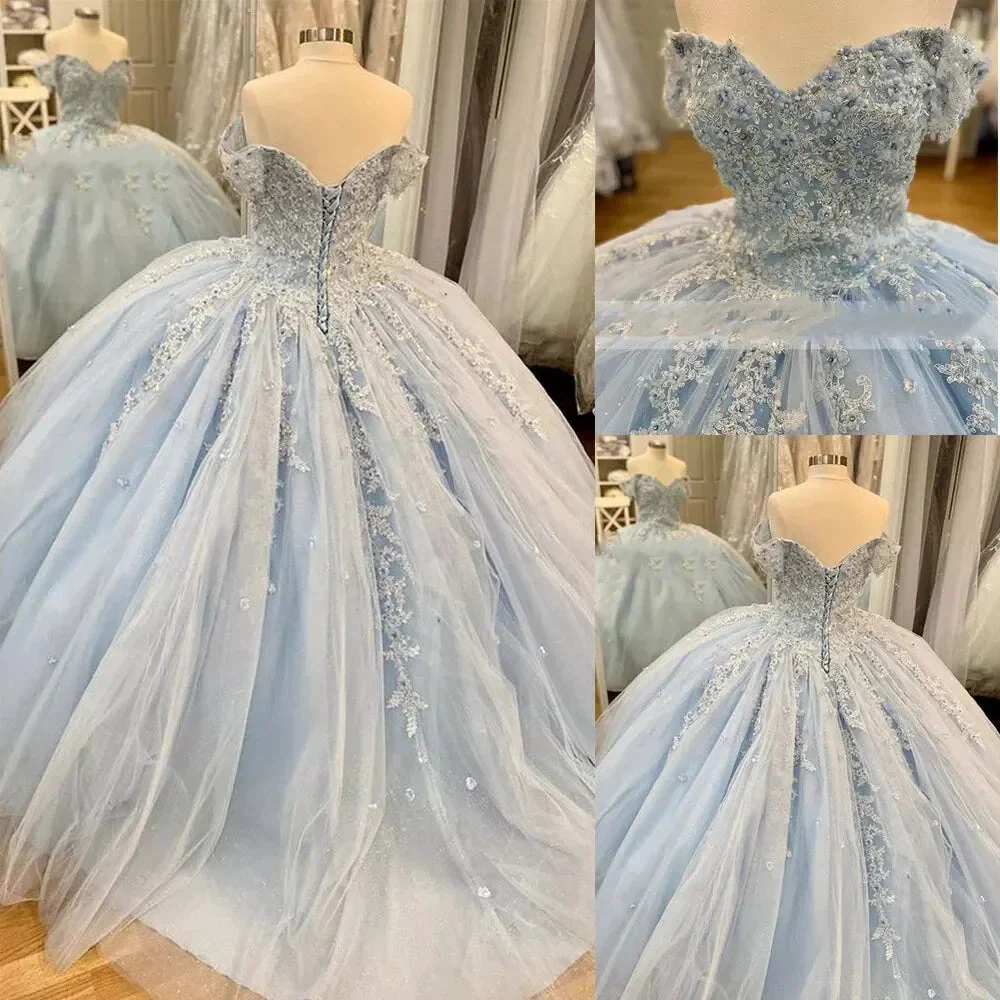 Off The Shoulder Blue Lace Tulle Ball Gown,Blue Sweet 16 Dress,Princess Dress Y2061 - Image 3