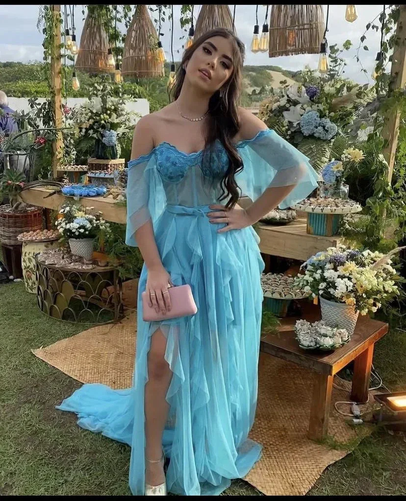 Off The Shoulder Blue Long Prom Dress,Charming Blue Evening Dress Y2395 - Image 2
