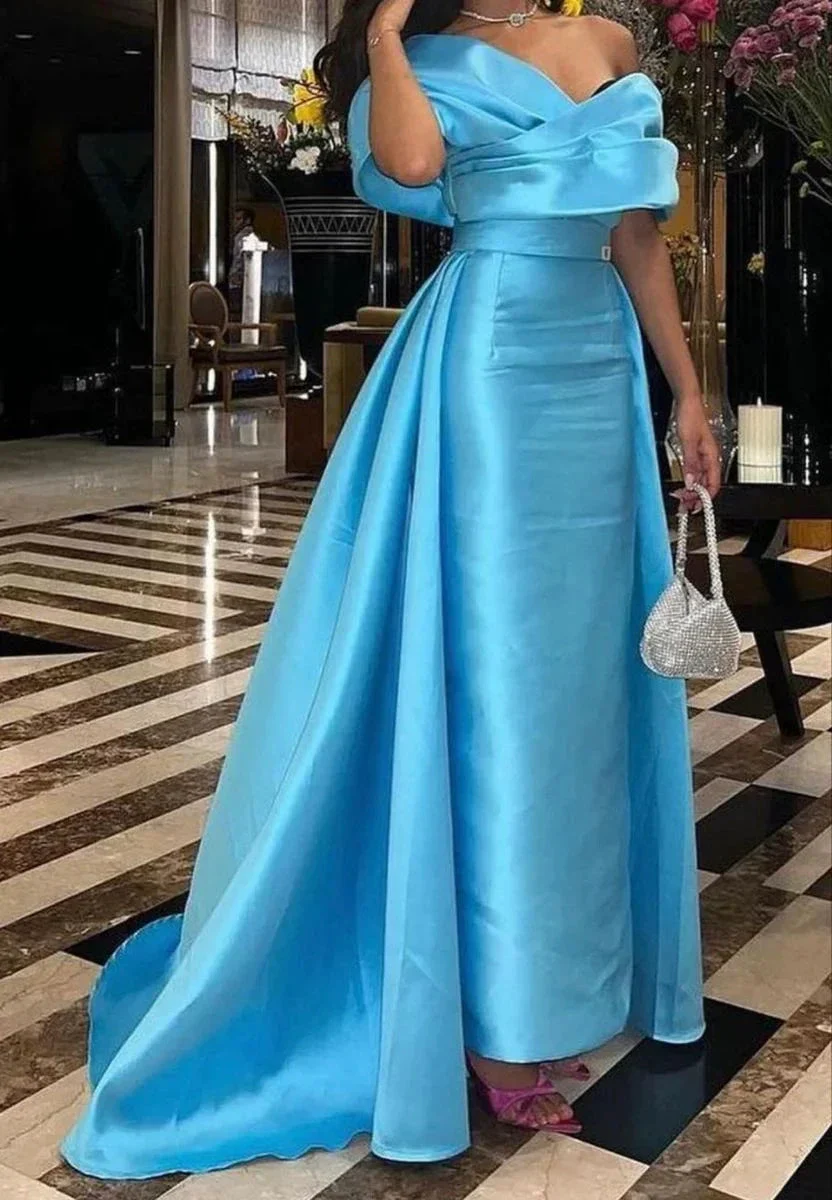Off The Shoulder Blue Satin Evening Dress Y4026 - Image 3