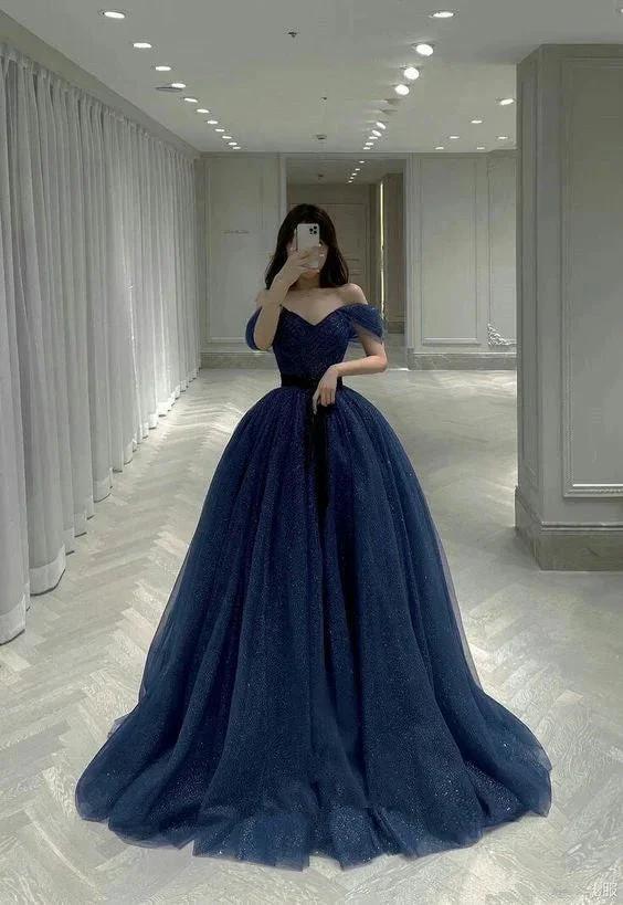 Off The Shoulder Blue Sparkly Evening Dress Generous A-line Prom Dress Y389 - Image 2