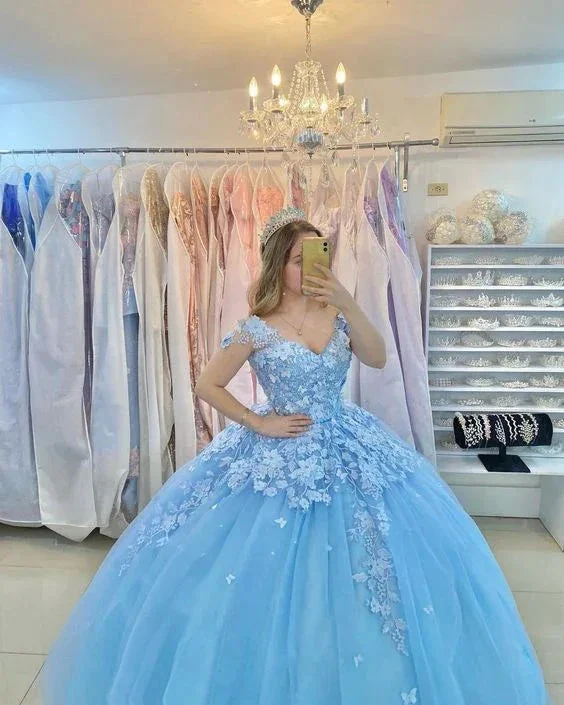 Off The Shoulder Blue Tulle Appliques Ball Gown Sweet 16 Dress Y6077 - Image 2
