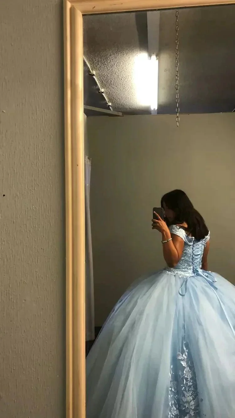 Off The Shoulder Blue Tulle Lace Quince Dress,Puffy Blue Ball Gown Sweet 16 Dress Y1499 - Image 2