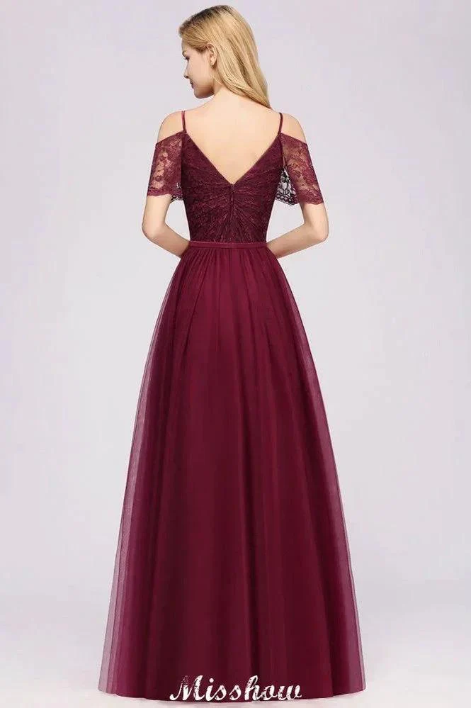 Off the Shoulder Burgundy Aline Bridesmaid Dress Floor Length Tulle Evening Maxi Gown - Image 2
