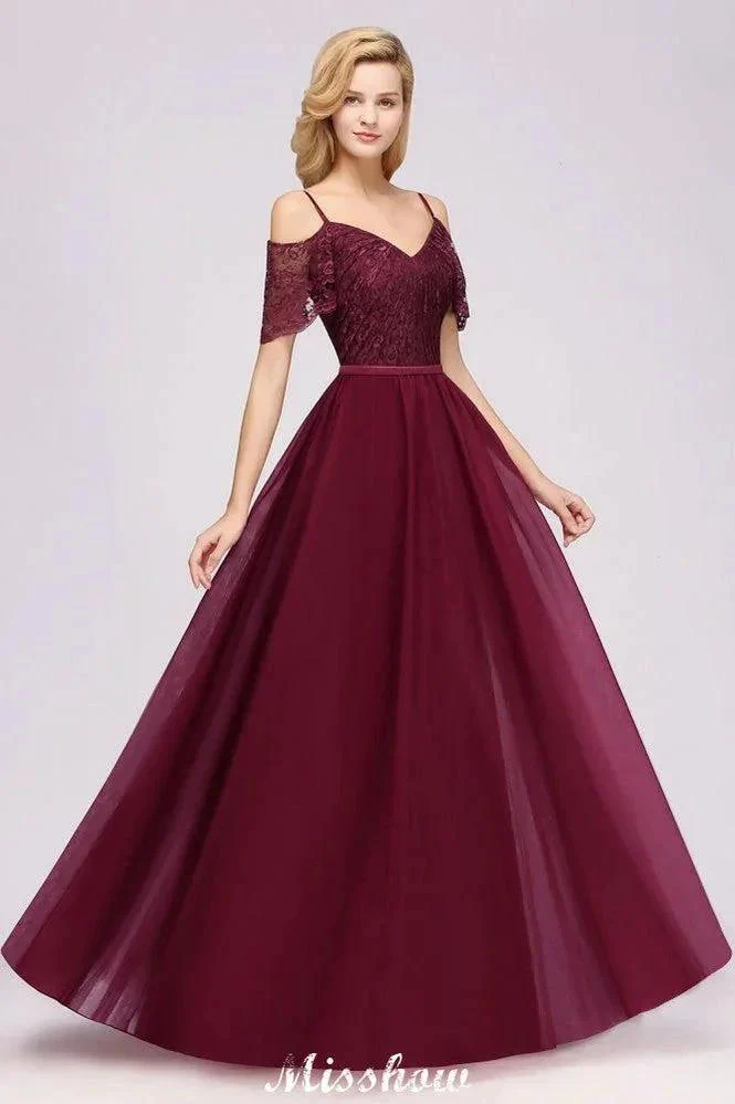 Off the Shoulder Burgundy Aline Bridesmaid Dress Floor Length Tulle Evening Maxi Gown - Image 3