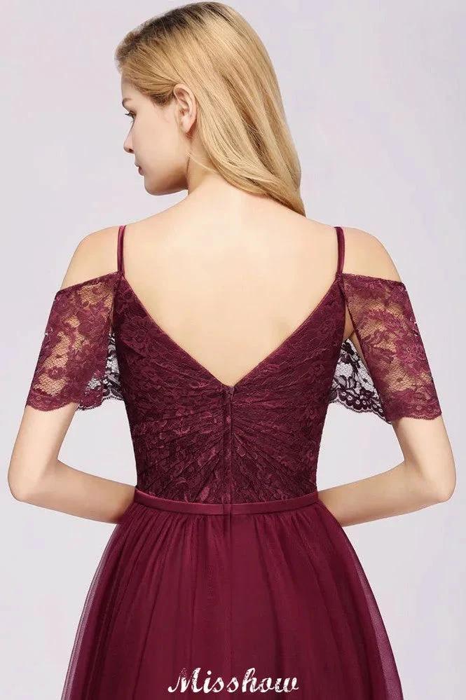 Off the Shoulder Burgundy Aline Bridesmaid Dress Floor Length Tulle Evening Maxi Gown - Image 5