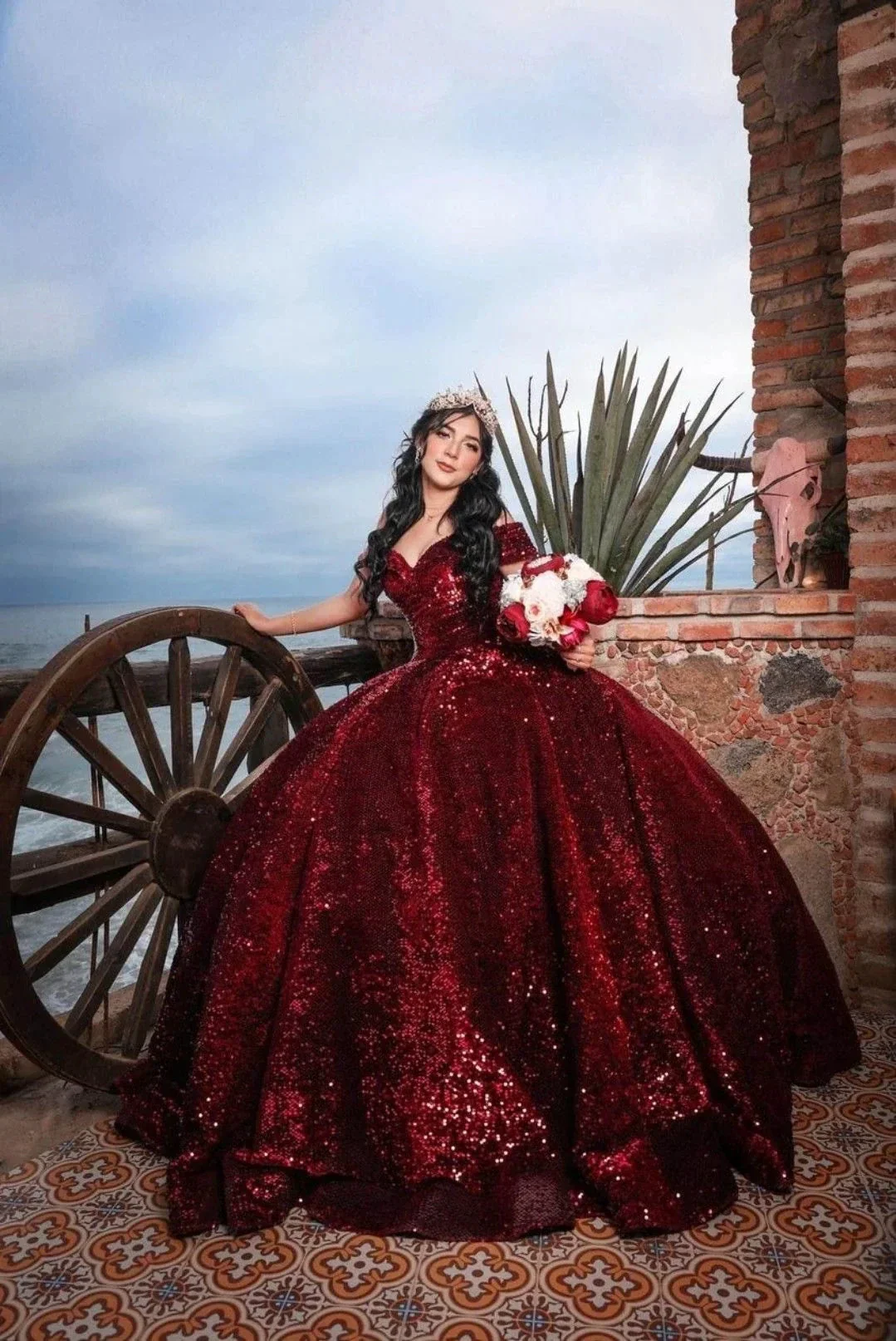 Off The Shoulder Burgundy Sequins Ball Gown,Sweet 16 Dress,Quinceanera Dress  Y2203 - Image 2