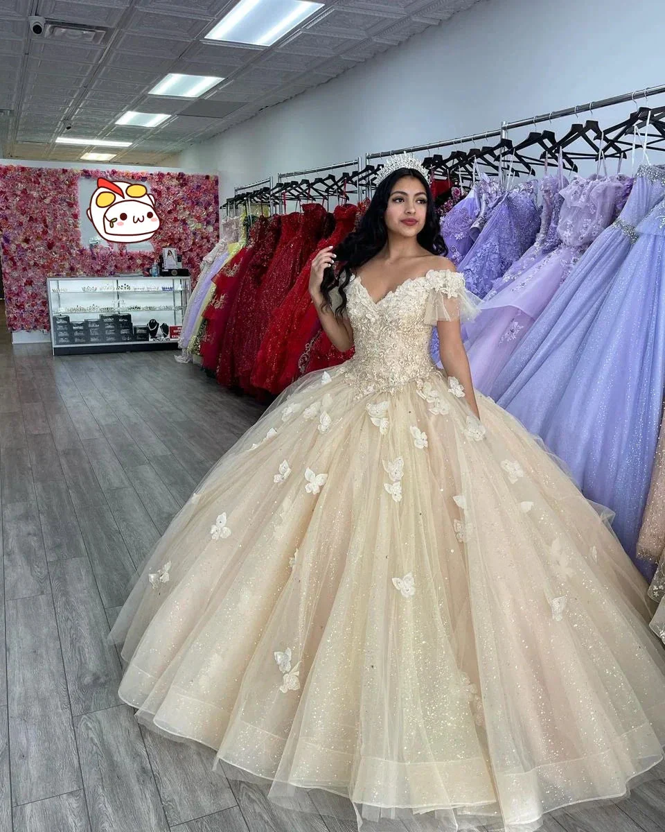 Off The Shoulder Butterfly Quinceanera Dress,Sweet 16 Dress,Glitter Ball Gown,Y2410 - Image 2