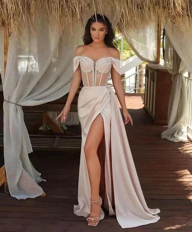 Off The Shoulder Champagne Mermaid Prom Dress with Beadings Split and Ruffles - Image 2