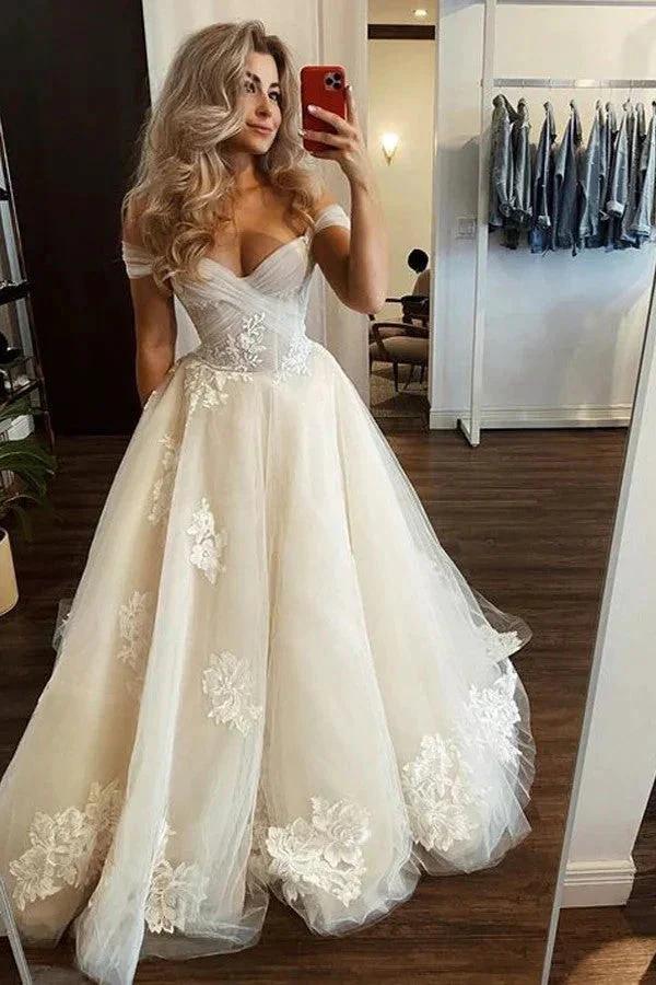 Off The Shoulder Light Champagne Wedding Gown Floral Wedding Dress WD713 - Image 2