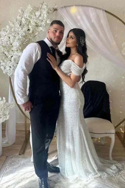 Off the Shoulder Chapel Sequined Floor Length Wedding Dress - Image 3