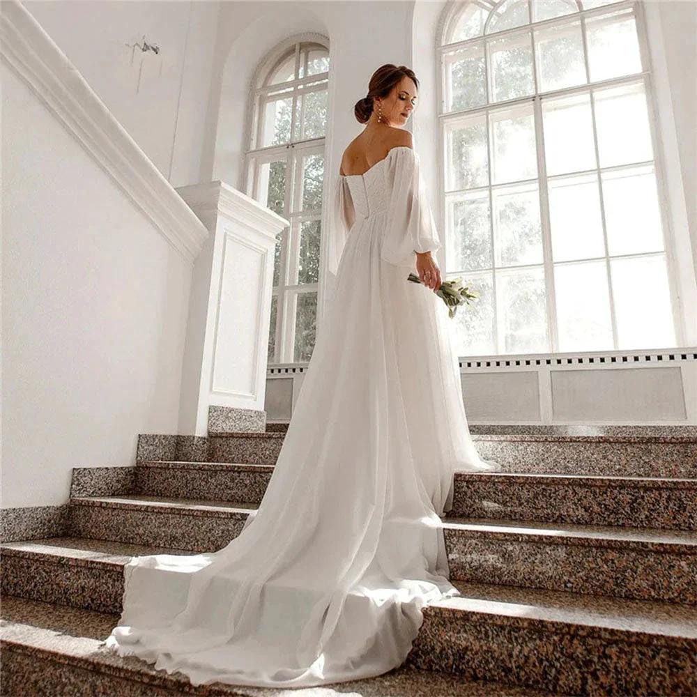 Off the Shoulder Chiffon Boho Wedding Dress 2022 V-Neck Long Lantern Sleeves A-Line Beach Bridal Gowns vestidos de novia
