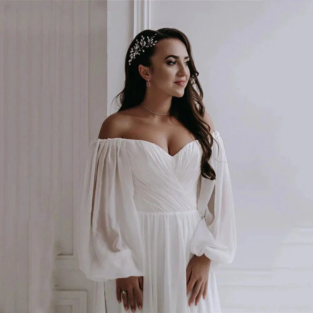 Off the Shoulder Chiffon Boho Wedding Dress 2022 V-Neck Long Lantern Sleeves A-Line Beach Bridal Gowns vestidos de novia - Image 3