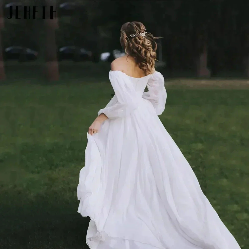Off the Shoulder Chiffon Boho Wedding Dress 2022 V-Neck Long Lantern Sleeves A-Line Beach Bridal Gowns vestidos de novia - Image 4