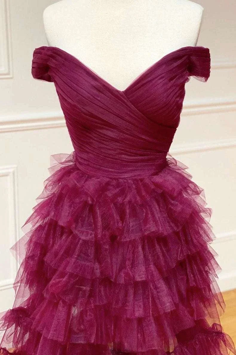 Fallon | Off the Shoulder Dark Berry Pleated Sheer Tiered Prom Dress - Image 2