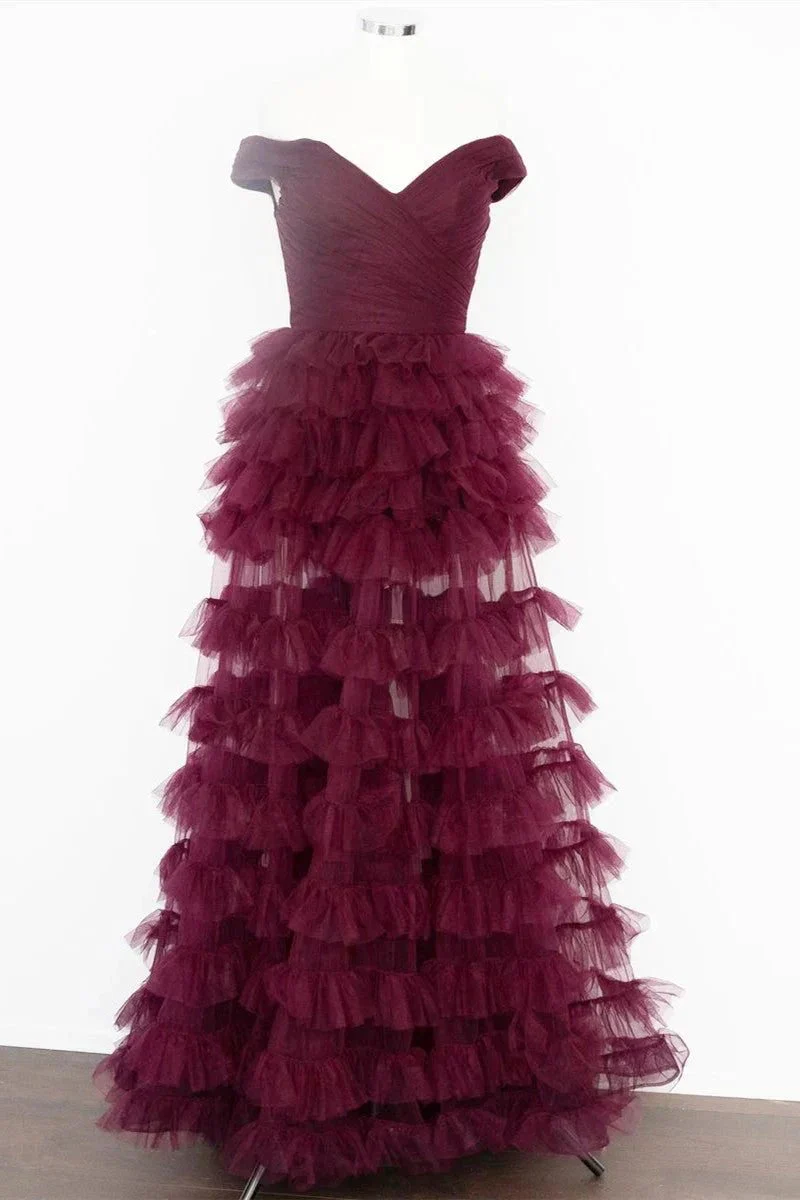 Fallon | Off the Shoulder Dark Berry Pleated Sheer Tiered Prom Dress - Image 3