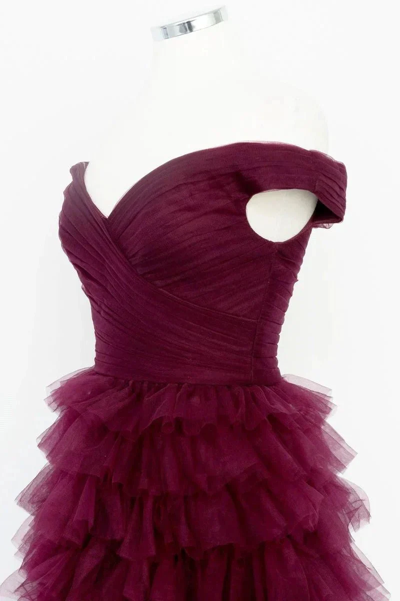 Fallon | Off the Shoulder Dark Berry Pleated Sheer Tiered Prom Dress - Image 4