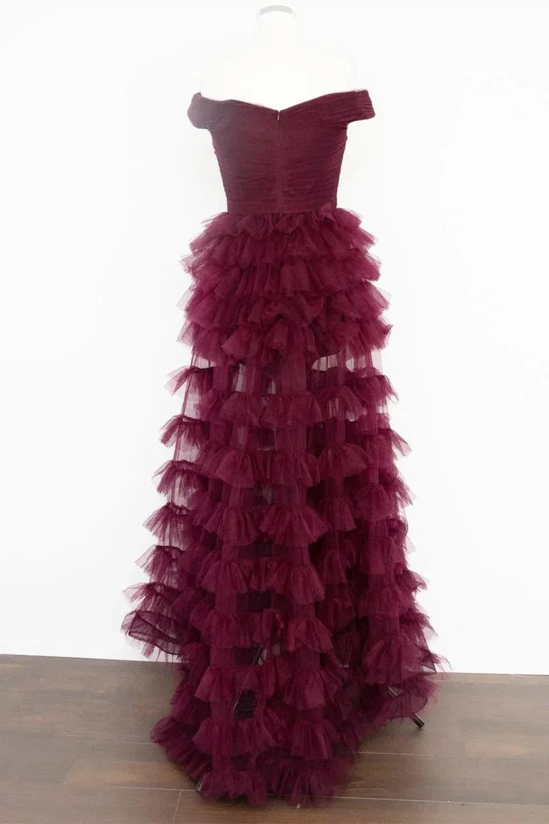 Fallon | Off the Shoulder Dark Berry Pleated Sheer Tiered Prom Dress - Image 5