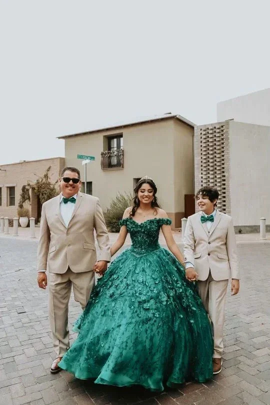 Off the shoulder emerald green ball gown with floral decor Y4153 - Image 2