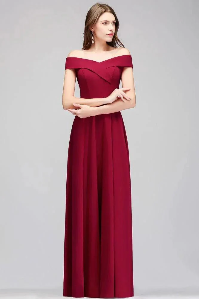Off-the-shoulder Floor Length Burgundy Party Dress - Image 3