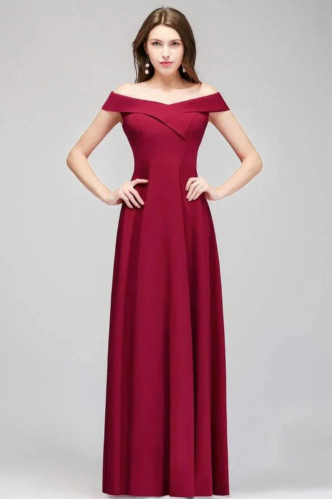 Off-the-shoulder Floor Length Burgundy Party Dress - Image 5