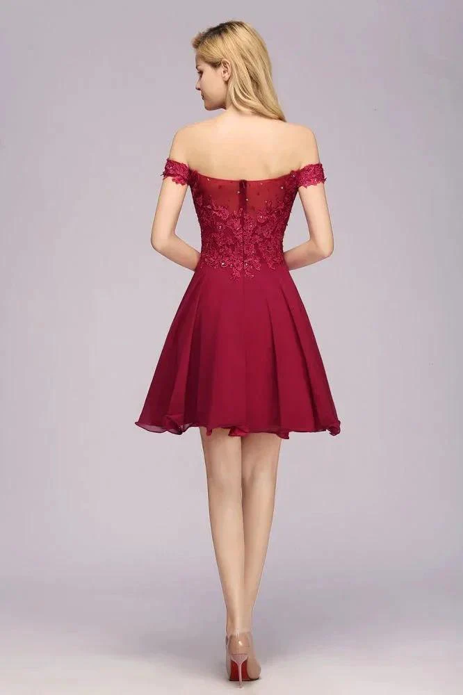 Off the Shoulder Floral Lace Short Homecoming Dress Burgundy Knee Length Chiffon Evening Dress - Image 2