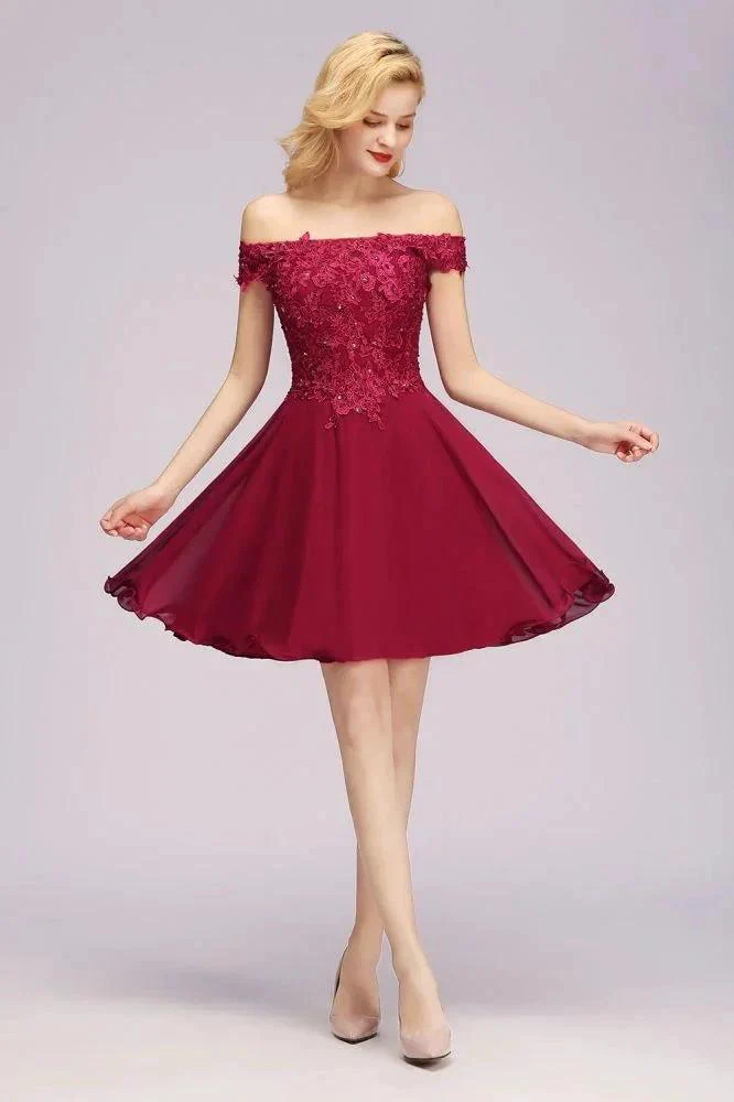 Off the Shoulder Floral Lace Short Homecoming Dress Burgundy Knee Length Chiffon Evening Dress - Image 3