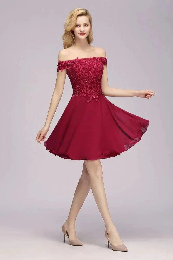Off the Shoulder Floral Lace Short Homecoming Dress Burgundy Knee Length Chiffon Evening Dress - Image 4
