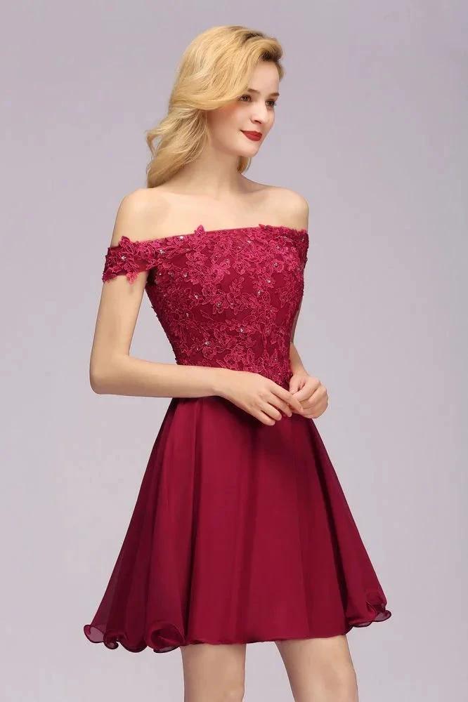 Off the Shoulder Floral Lace Short Homecoming Dress Burgundy Knee Length Chiffon Evening Dress - Image 5
