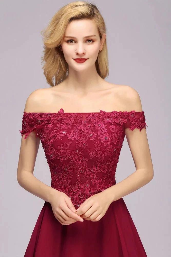 Off the Shoulder Floral Lace Short Homecoming Dress Burgundy Knee Length Chiffon Evening Dress - Image 6